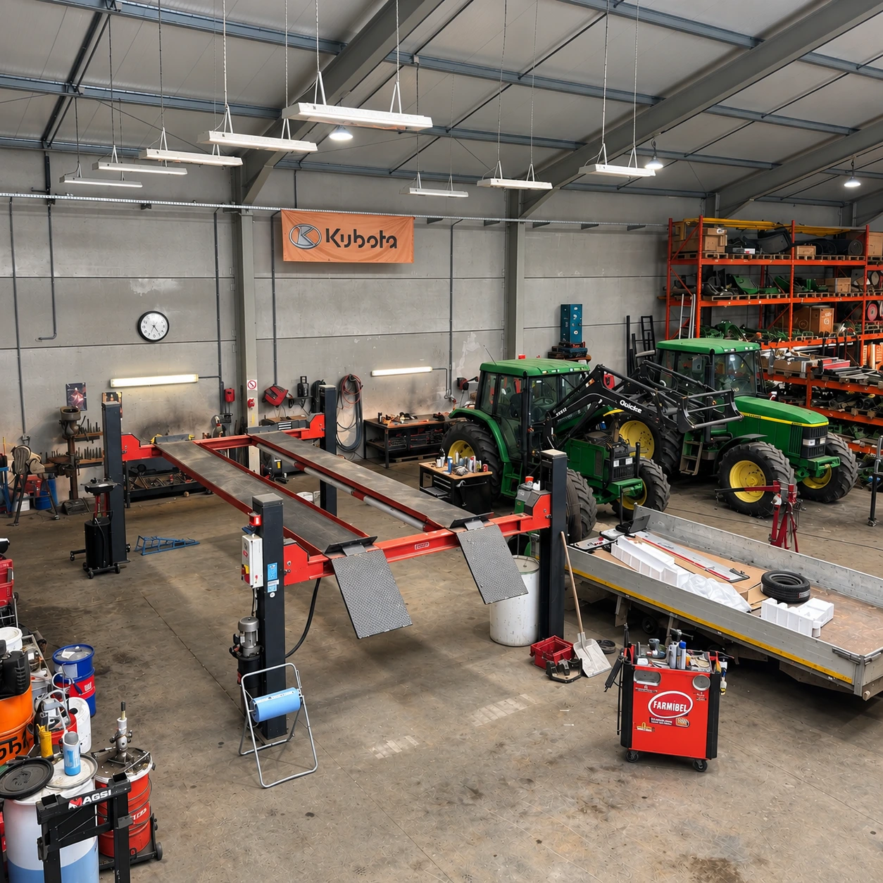 Atelier Farmibel avec tracteurs et machines agricoles